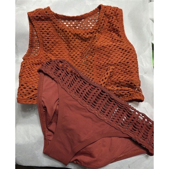 Robin Piccone Other - NWT Robin Piccone M Bo Mesh Tie Front Bikini Top Perla Bottom Rust 126757
